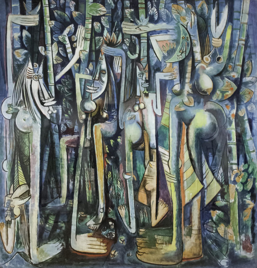 Wifredo Lam, The Jungle, 1942–43, gouache on paper mounted on canvas, 94–1/4 x 90–1/2" / 239.4 x 229.9 cm (The Museum of Modern Art, New York, photo: Kent Baldner, CC BY-NC-SA 2.0)