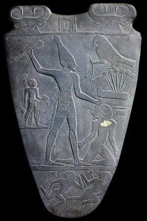 One side of the Palette of King Narmer, c. 3000–2920 B.C.E., Predynastic Egypt, greywacke (slate), from Hierakonpolis, 2' 1" high (Egyptian Museum, Cairo)
