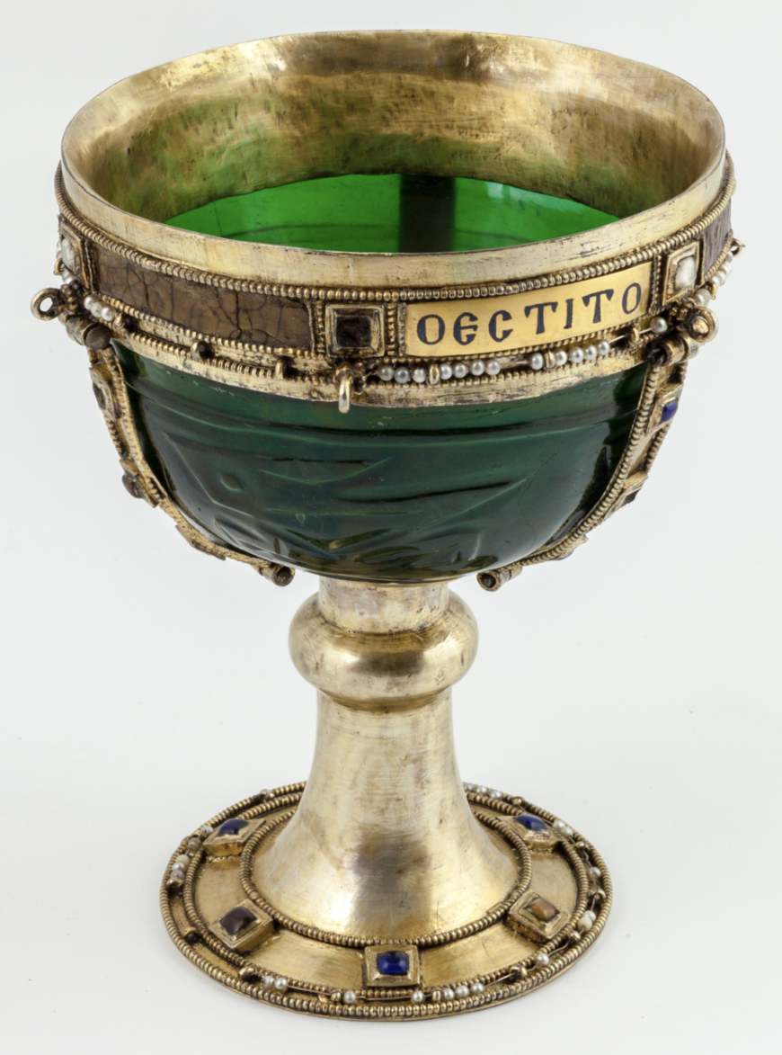 Chalice with hares, Byzantine, 11th century (?) (with glass bowl probably from 9th–10th century Iran or 10th–11th century Egypt), glass, silver gilt, enamel, stones, pearls (photo © <a href="http://www.meravigliedivenezia.it/en/virtual-objects/TSM_082.html">Regione del Veneto</a>)