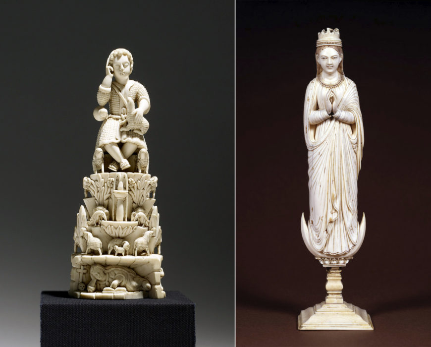 Left: The Christ Child as Good Shepherd (Good Shepherd Rockery) from the collection of The Walters Art Museum (accession number 71.324). Indo-Portuguese, ivory, seventeenth century, place of origin: India (Goa). Right: Virgin of the Immaculate Conception (Our Lady of the Immaculate Conception) from the collection of The Walters Art Museum (accession number 71.341). Singhalo-Portuguese, ivory, seventeenth century, place of origin: Sri Lanka. 
