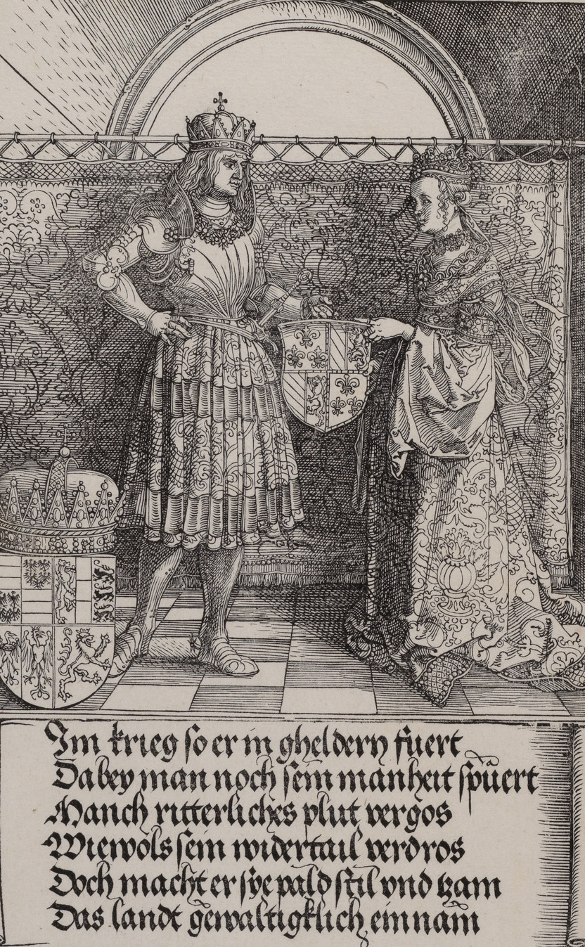 Marriage of Maximilian and Mary of Burgundy (detail), Albrecht Dürer, Arch of Honor, 1515, printed 1517–18, woodcut, 36 sheets of large folio paper printed from 195 woodblocks (The Metropolitan Museum of Art)