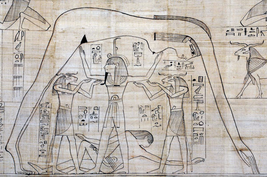The air god Shu, assisted by other gods, holds up Nut, the sky, as Geb, the earth, lies beneath. Detail from the Greenfield Papyrus (the Book of the Dead of Nesitanebtashru)