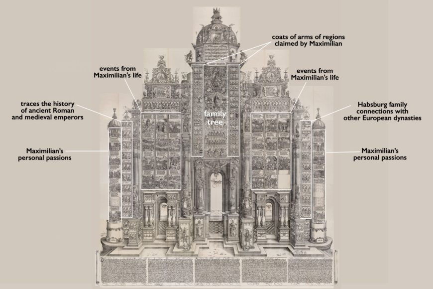 Albrecht Dürer, Arch of Honor, 1515, printed 1517–18, woodcut, 36 sheets of large folio paper printed from 195 woodblocks (The Metropolitan Museum of Art)