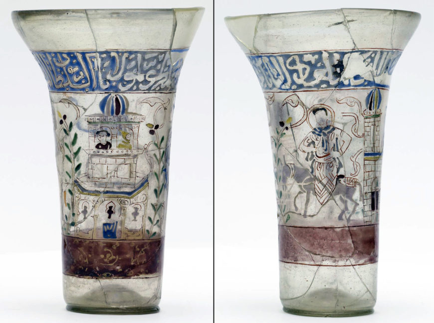 Left: Beaker, Syria or Egypt, c. 1260 (Crusader), glass with gilding and enamel, 18.5 x 12.1 cm (Walters Art Museum); right: Beaker, Syria or Egypt, ca. 1260 (Crusader), glass with gilding and enamel, 17 x 11.1 cm (Walters Art Museum)