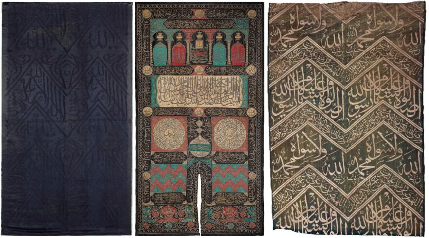 Left: Section from the kiswa of the Kaaba, late 19th or early 20th century, Cairo, or possibly Mecca, silk, 158 x 89 cm (The Nasser D. Khalili Collection of Islamic Art); center: Sitara of the Kaaba, 17th century, silk and silver-gilt wire, 499 x 271 cm (The Nasser D. Khalili Collection of Islamic Art); right: Textile from the tomb of the Prophet in Medina reused as a tomb cover, 18th century, silk, 99.1 x 68.6 cm (Cooper Hewitt Museum)