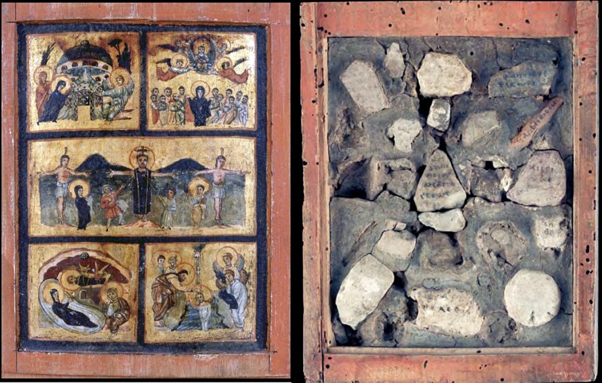 Left: Inside cover of a reliquary boxl right: interior with stones from the Holy Land, Syria or Palestine, 6th century, 24 x 18.4 x 1 cm (Museo Sacro, Musei Vaticani)Left: Inside cover of a reliquary boxl right: interior with stones from the Holy Land, Syria or Palestine, 6th century, 24 x 18.4 x 1 cm (Museo Sacro, Musei Vaticani)