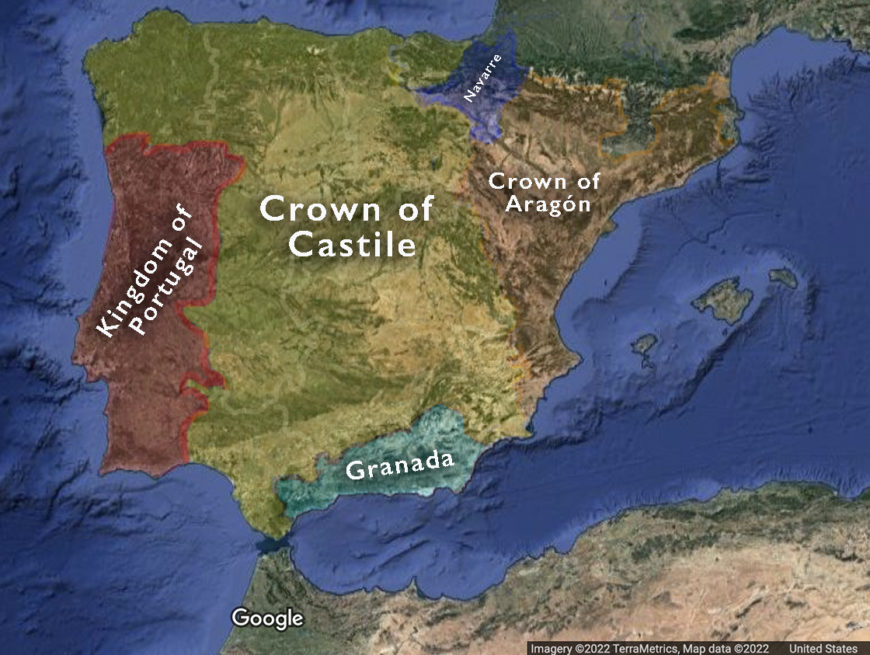 Map of the Iberian Peninsula in 1383 (underlying map © Google)