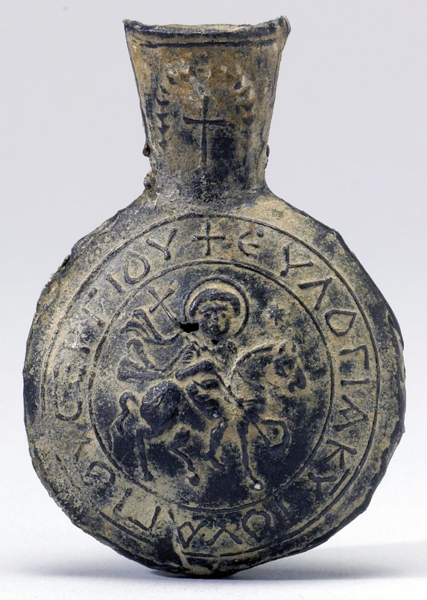 Pilgrim Flask with of Saint Sergios, tin-lead alloy Rusafah, Syria, 6th-7th century, 5.4 x 3.81 x 1.59 cm,(Walters Art Museum