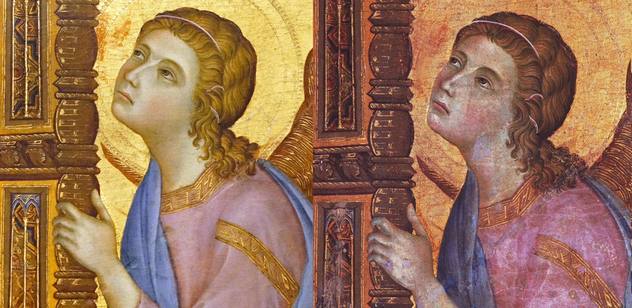 Duccio, Rucellai Madonna (detail), 1285–86, tempera on panel, gold background, 450 x 290 cm (Galleria degli Uffizi, Florence). Left: Smarthistory photo left (Steven Zucker, CC BY-NC-SA 2.0); right: Artstor