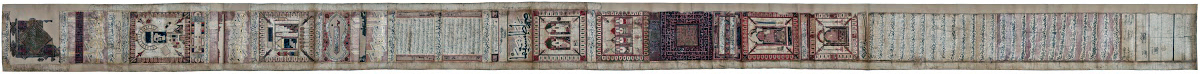[Image: Timurid ‘Umra certificate for Sayyid Yusuf bin Sayyid Shihab al-Din Mawara al-Nahri, 1433 C.E., Najaf, Iraq, 665 x 34.7cm, paper, watercolor, ink, gilt paint,  The Museum of Islamic Art, Doha, MS.267.1998,]