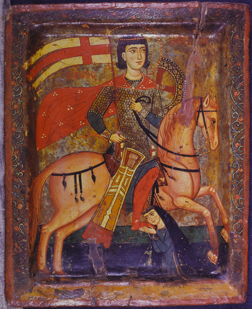 Crusader icon with St. Sergius carrying a crusader standard featuring a red cross on a white ground, with a female door, 13th century, from the Monastery of Saint Catherine at Mount Sinai, Egypt (photo: published through the Courtesy of the Michigan-Princeton-Alexandria Expeditions to the Monastery of St. Catherine on Mount Sinai)