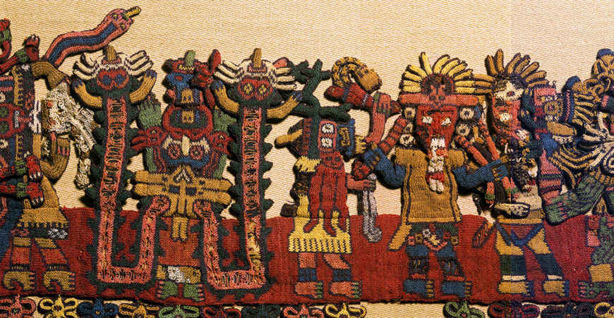 Detail of border figures (composite photo), Nasca, Mantle ("The Paracas Textile"), 100–300 C.E., cotton, camelid fiber, 58–1/4 x 24–1/2 inches / 148 x 62.2 cm, found south coast, Paracas, Peru (Brooklyn Museum)
