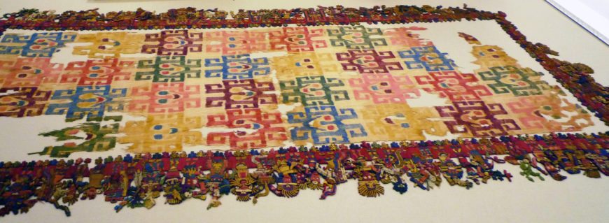 Nasca, Mantle ("The Paracas Textile"), 100–300 C.E., cotton, camelid fiber, 58–1/4 x 24–1/2 inches / 148 x 62.2 cm, found south coast, Paracas, Peru (Brooklyn Museum)