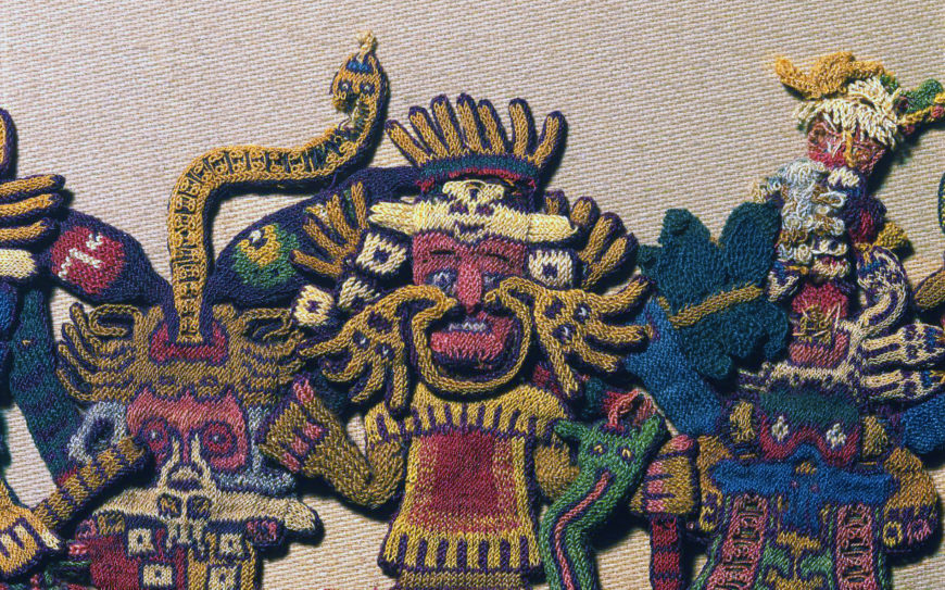 Detail with face ornament, border figure 63, Nasca, Mantle ("The Paracas Textile"), 100–300 C.E., cotton, camelid fiber, 58–1/4 x 24–1/2" / 148 x 62.2 cm, found south coast, Paracas, Peru (Brooklyn Museum)
