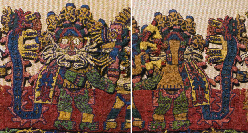 One of three figures with a front and back, painted or tattooed skin, wears a bristling mouthmask, and a headdress with flower-like plumes. He carries a striped staff topped with a winged creature, and wears a tunic and loincloth. Over his shoulder hangs a boldly-patterned mantle ending in a feline. Detail of border figure 16, Nasca, Mantle ("The Paracas Textile"), 100–300 C.E., cotton, camelid fiber, 58–1/4 x 24–1/2" / 148 x 62.2 cm, found south coast, Paracas, Peru (Brooklyn Museum)