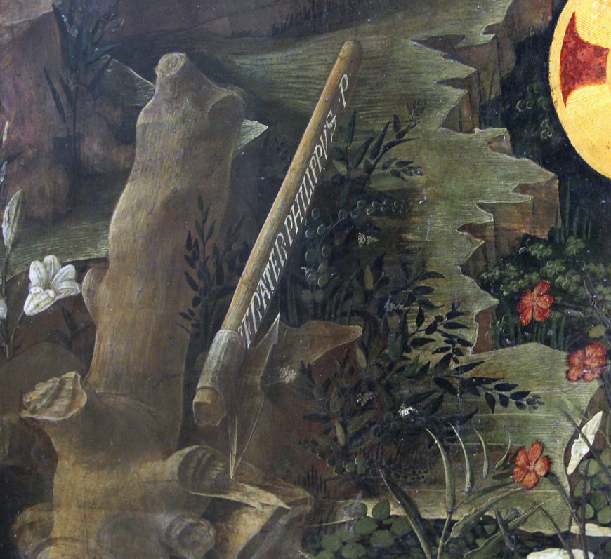 Signature (detail), Filippo Lippi, The Adoration in the Forest, 1459, oil on poplar wood, 118.5 x 129.5 cm (Gemäldegalerie, Staatliche Museen zu Berlin; photo: Беноцо Гоцоли, CC BY-SA 3.0)