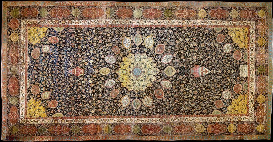 Medallion Carpet, The Ardabil Carpet, unknown artist (Maqsud Kashani is named on the carpet's inscription), Persian: Safavid Dynasty, silk warps and wefts with wool pile (25 million knots, 340 per sq. inch), 1539–40 C.E., Tabriz, Kashan, Isfahan or Kirman, Iran (Virginia & Albert Museum, London)