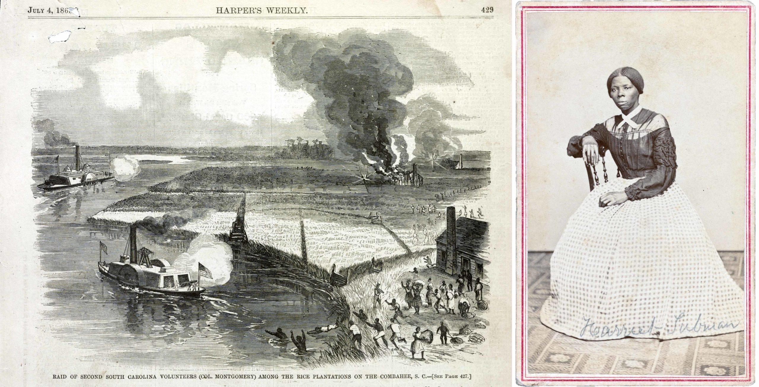 Left: “Raid Of Second South Carolina Volunteers (Col. Montgomery) Among The Rice Plantations On The Combahee, S.C.,” <em>Harper’s Weekly</em>, July 4, 1863, p. 429, wood engraving, 27.6 x 39.5 cm (Library of Congress); right: Benjamin F. Powelson, <em>Portrait of Harriet Tubman</em>, c. 1868–69, albumen carte-de-visite, 10 x 6 cm (Library of Congress) <br><br>Harriet Tubman, who had emancipated herself in 1849, became the first woman to lead a major military operation in the United States when she led 150 members of the U.S. 2nd South Carolina Volunteers—a Black regiment—in a raid on Combahee Ferry in South Carolina. Tubman and the soldiers rescued at least 700 enslaved Black people on the night of June 1, 1863.