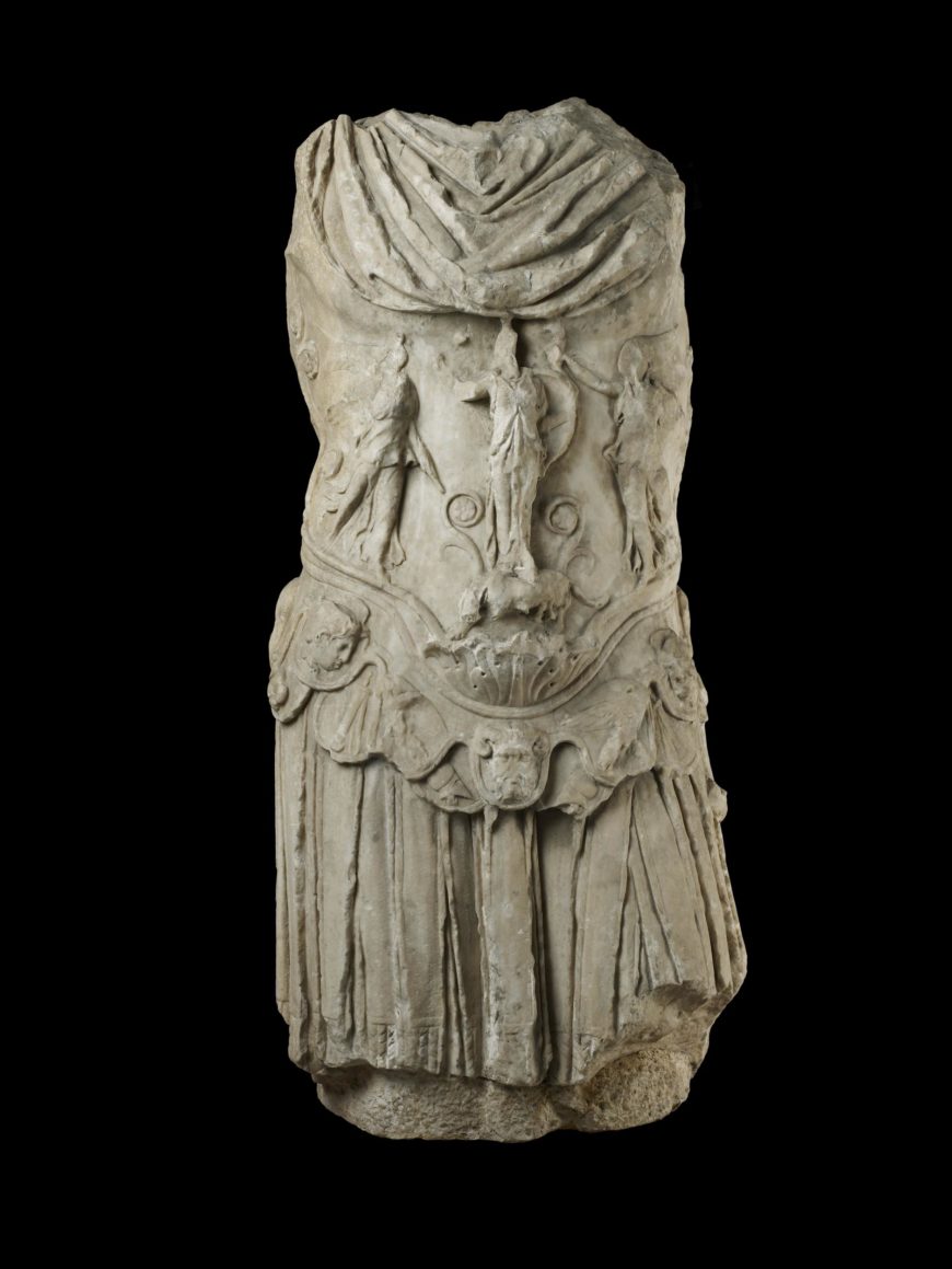 Torso of a statue of the emperor Hadrian wearing a cuirass, c. 130–141 C.E., 137 cm high, from Cyrene, northern Africa © Trustees of the British Museum. In this statue we see Hadrian presented as the commander-in-chief. We know from ancient literary sources that Hadrian was particularly keen to project a strong military image.