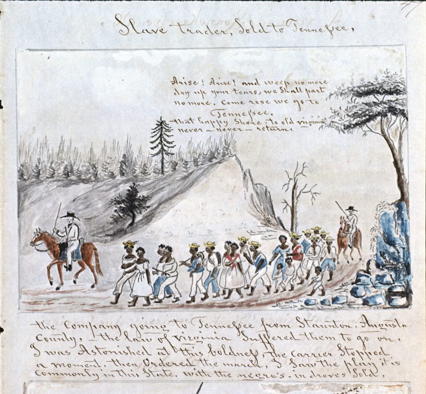 Lewis Miller, Slave Trader Sold to Tennessee, page from Sketchbook of Landscapes in the State of Virginia, 1853, watercolor and ink on paper (Abby Aldrich Rockefeller Folk Art Center, The Colonial Williamsburg Foundation)