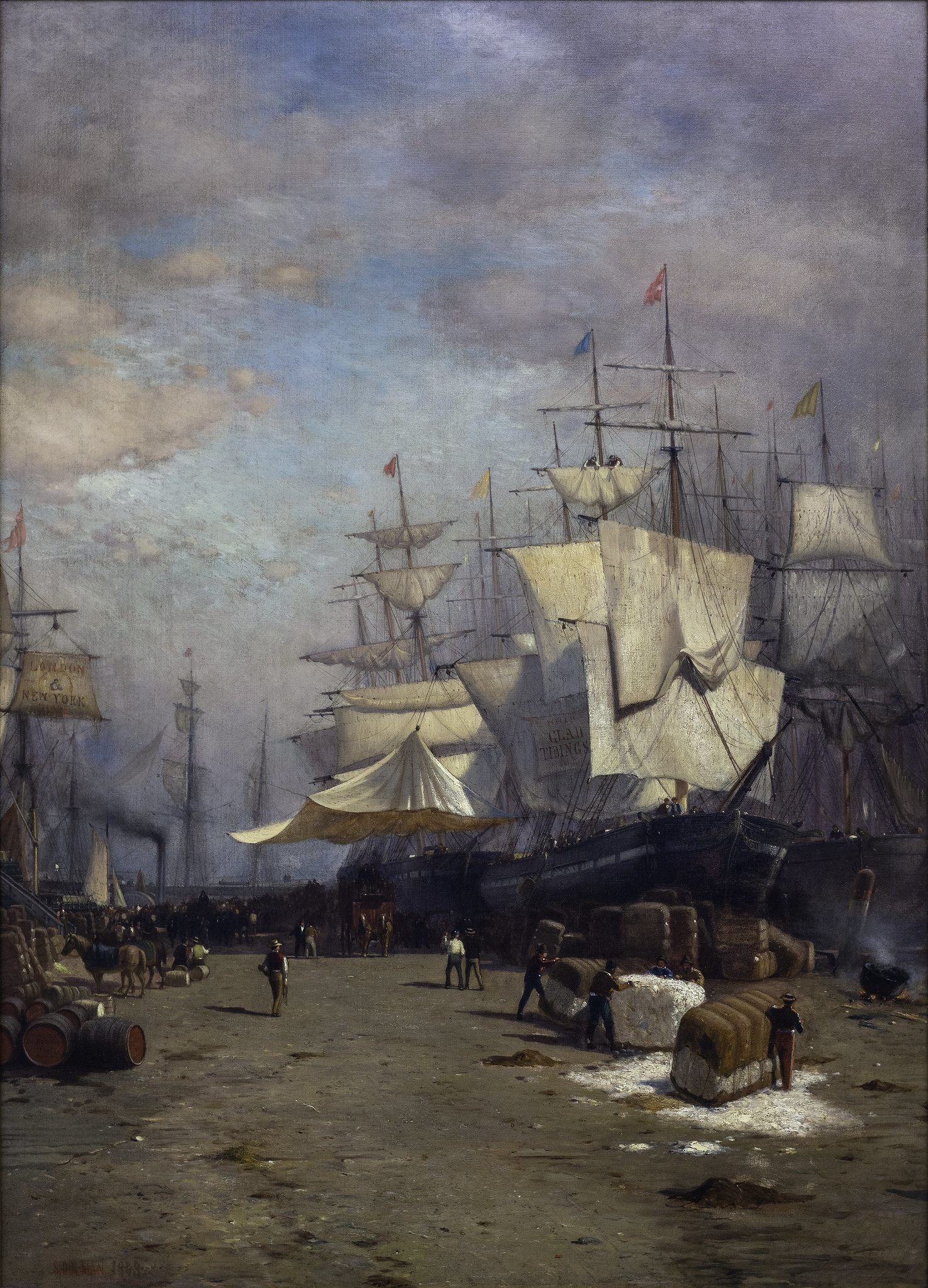 Huge cotton bales can be seen in the right foreground, likely headed for textile mills in the north of England. Samuel Colman, Jr., Ships Unloading, New York, 1868, oil on canvas mounted on board, 105 x 76 cm (The Terra Foundation for American Art, Daniel J. Terra Collection, 1984.4)