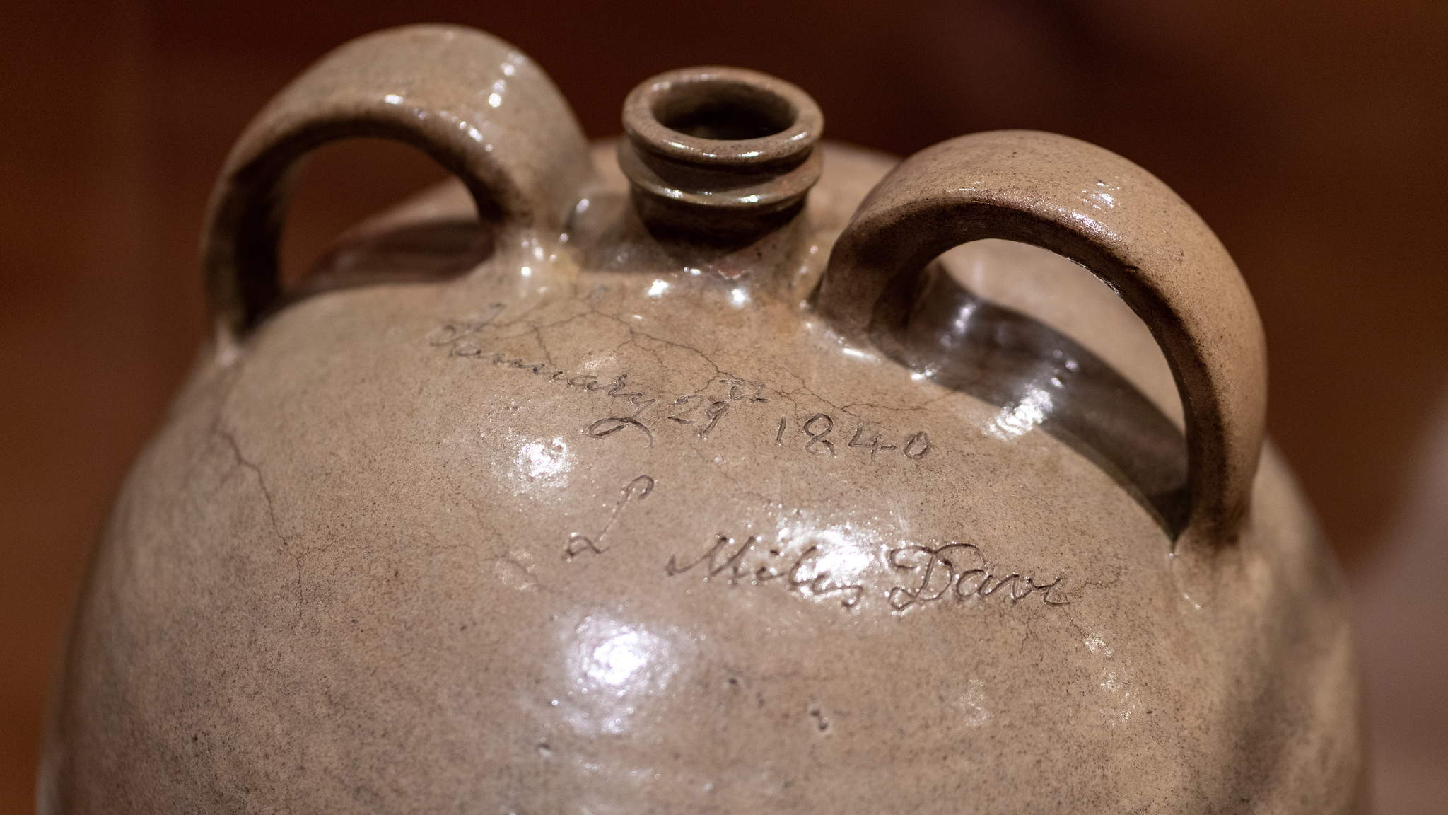 Names and date (detail), David Drake, Doubled-handled Jug (Lewis J. Miles Factory, Horse Creek Valley, Edgefield District, South Carolina), 1840, stoneware with alkaline glaze, 44.13 x 35.24 cm (Virginia Museum of Fine Arts; photo: Steven Zucker, CC BY-NC-SA 2.0)