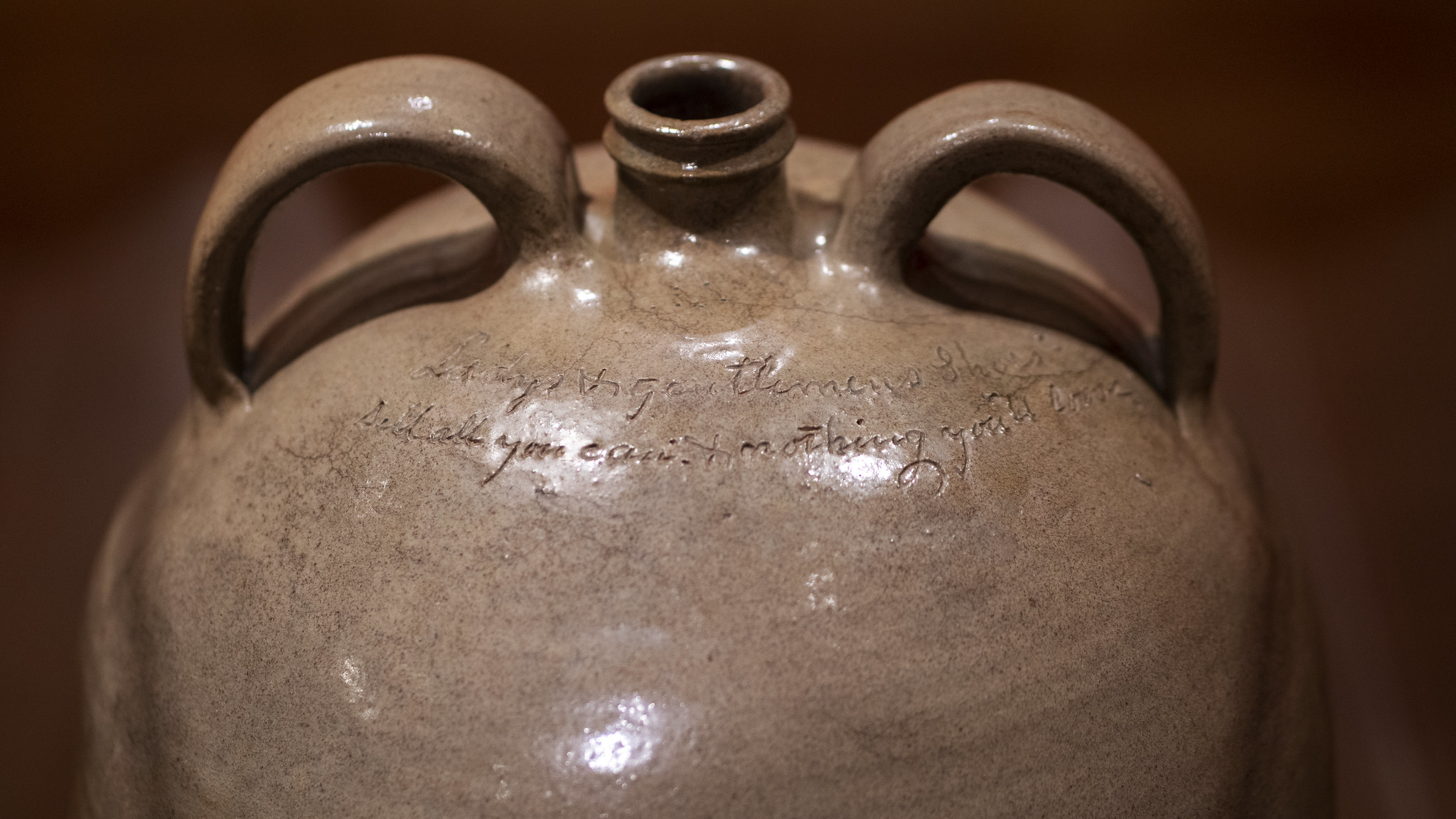 Poem detail, David Drake, Doubled-handled Jug (Lewis J. Miles Factory, Horse Creek Valley, Edgefield District, South Carolina), 1840, stoneware with alkaline glaze, 44.13 x 35.24 cm (Virginia Museum of Fine Arts; photo: Steven Zucker, CC BY-NC-SA 2.0)