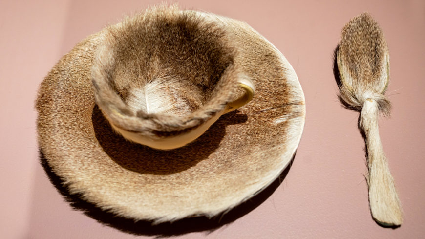 Meret Oppenheim, Object, 1936, fur-covered cup, saucer, and spoon, cup 4–3/8" in diameter; saucer 9–3/8" in diameter; spoon 8" long, overall height 2–7/8" (The Museum of Modern Art, New York; photo: Steven Zucker, CC BY-NC-SA 2.0)