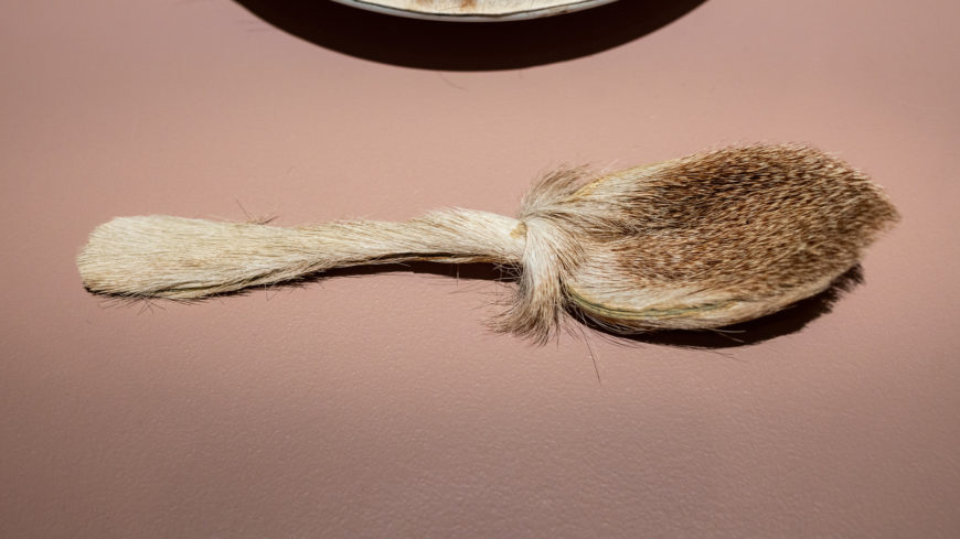 Spoon detail, Meret Oppenheim, Object, 1936, fur-covered cup, saucer, and spoon, cup 4–3/8" in diameter; saucer 9–3/8" in diameter; spoon 8" long, overall height 2–7/8" (The Museum of Modern Art, New York; photo: Steven Zucker, CC BY-NC-SA 2.0)