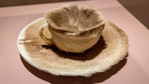 Cup detail, Meret Oppenheim, Object, 1936, fur-covered cup, saucer, and spoon, cup 4–3/8