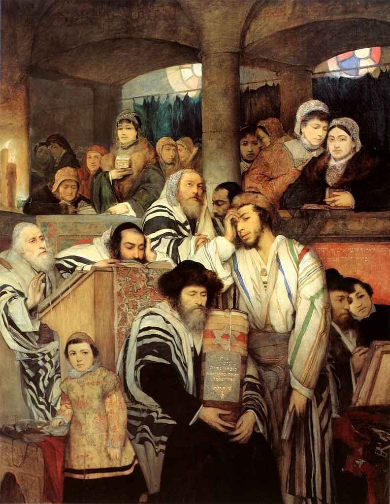 Maurycy Gottlieb, Jews Praying in the Synagogue on Yom Kippur, 1878, oil on canvas, 245.1 x 191.8 cm (Tel Aviv Museum of Art; photo: Grendelkhan, public domain)