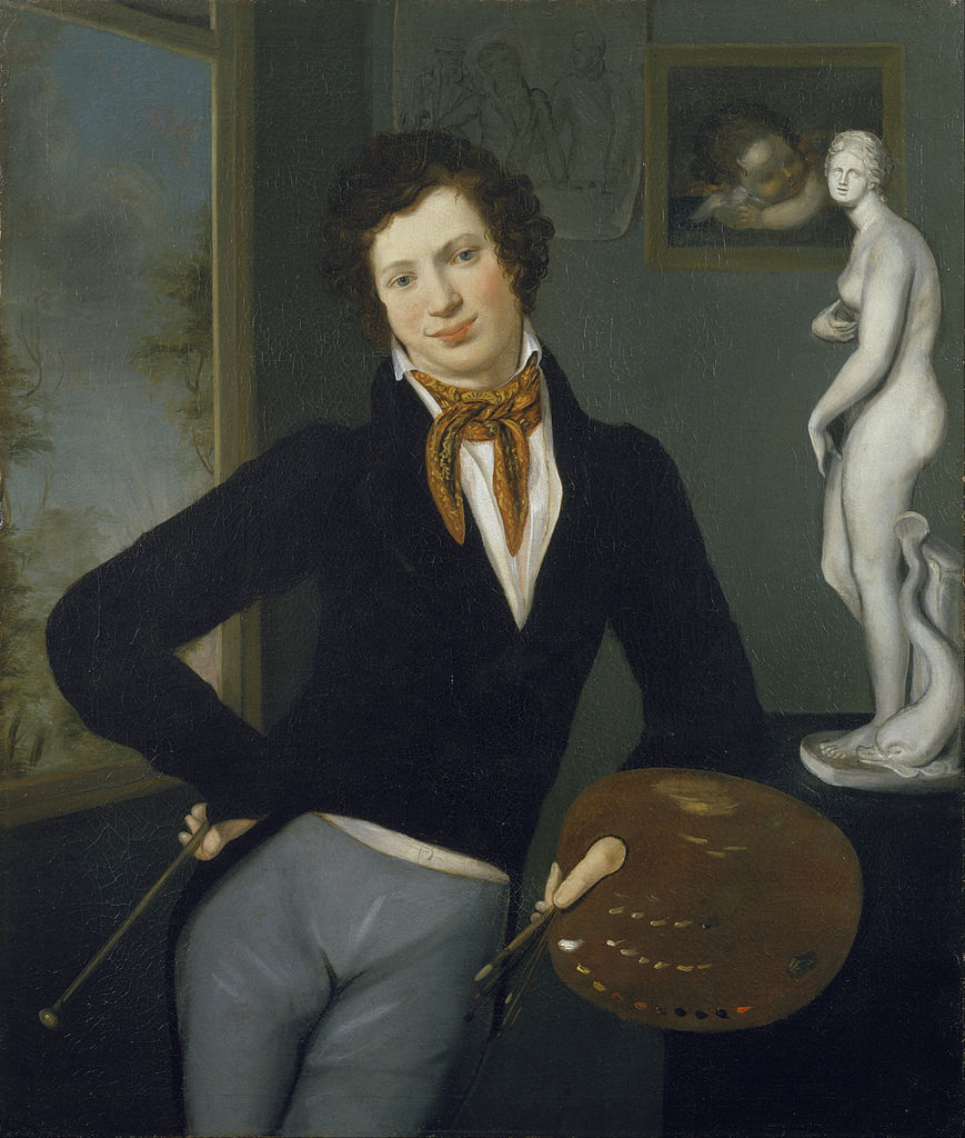 Moritz Daniel Oppenheim, Self-Portrait, 1814–16 (The Jewish Museum, New York, photo: DcoetzeeBot, public domain). "Moritz Oppenheim’s life and work epitomize German Jewry's journey from traditional life to modernity. Born in the ghetto of Hanau, he studied academic painting, an opportunity previously unavailable to Jews....He received commissions from both Jews and non-Jews ....In this work, one of the earliest self-portraits by a Jewish artist, a young Oppenheim depicts himself proudly holding his palette, a vivid testimony to the emergence of Jewish artists during the 19th century." Source