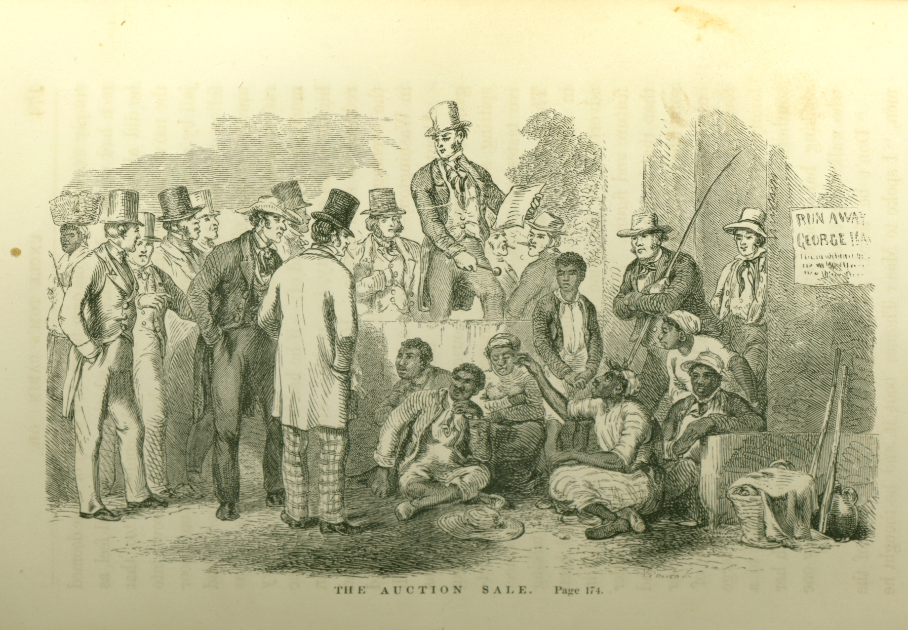 Hammatt Billings, The Auction Sale, 1852, engraving, from Harriet Beecher Stowe. Uncle Tom's Cabin; or, Life Among the Lowly, Boston: John P. Jewett & Company, 1852, p. 174 (Newberry Library)