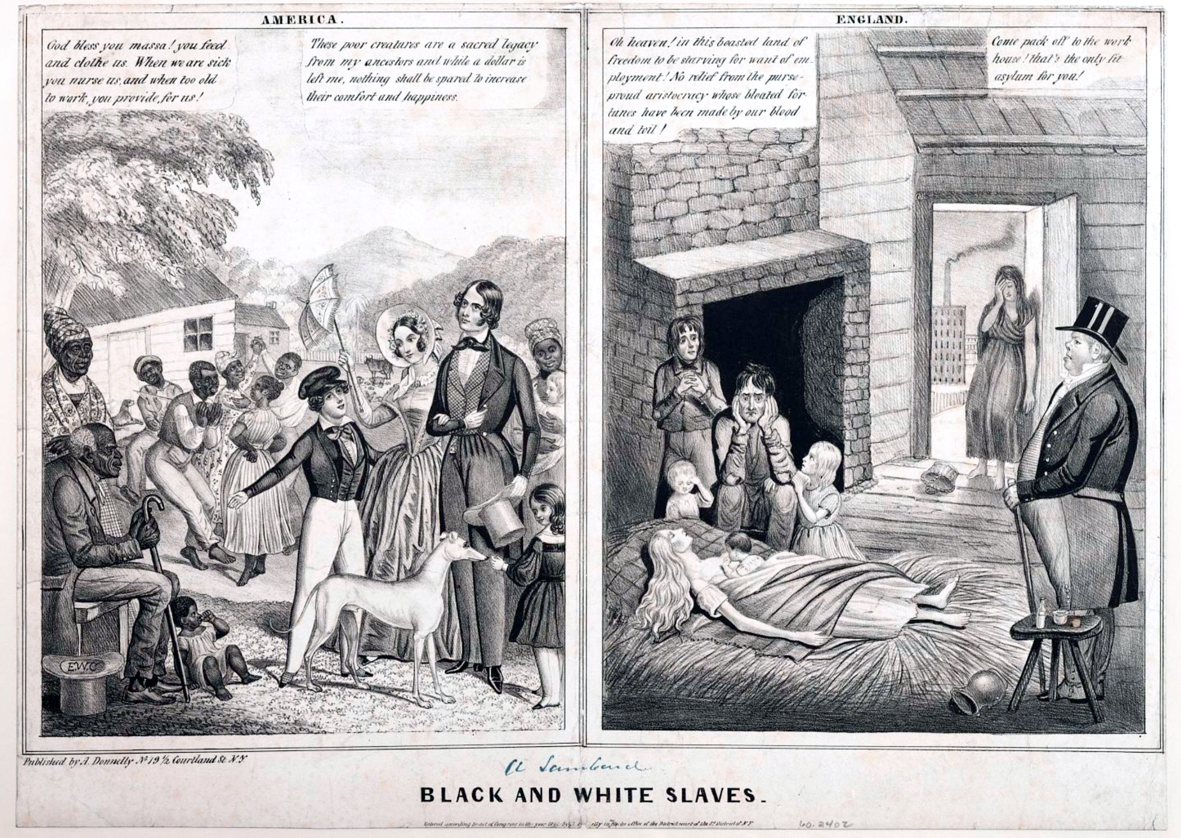 This cartoon contrasts the “happy, well cared-for” enslaved Black people of the American South with the “wage slaves” of England’s factories. Edward Williams Clay, America (Black and White Slaves), c. 1841, lithograph published by A. Donnelly, 31.43 x 48.26 cm (Smithsonian National Museum of American History)