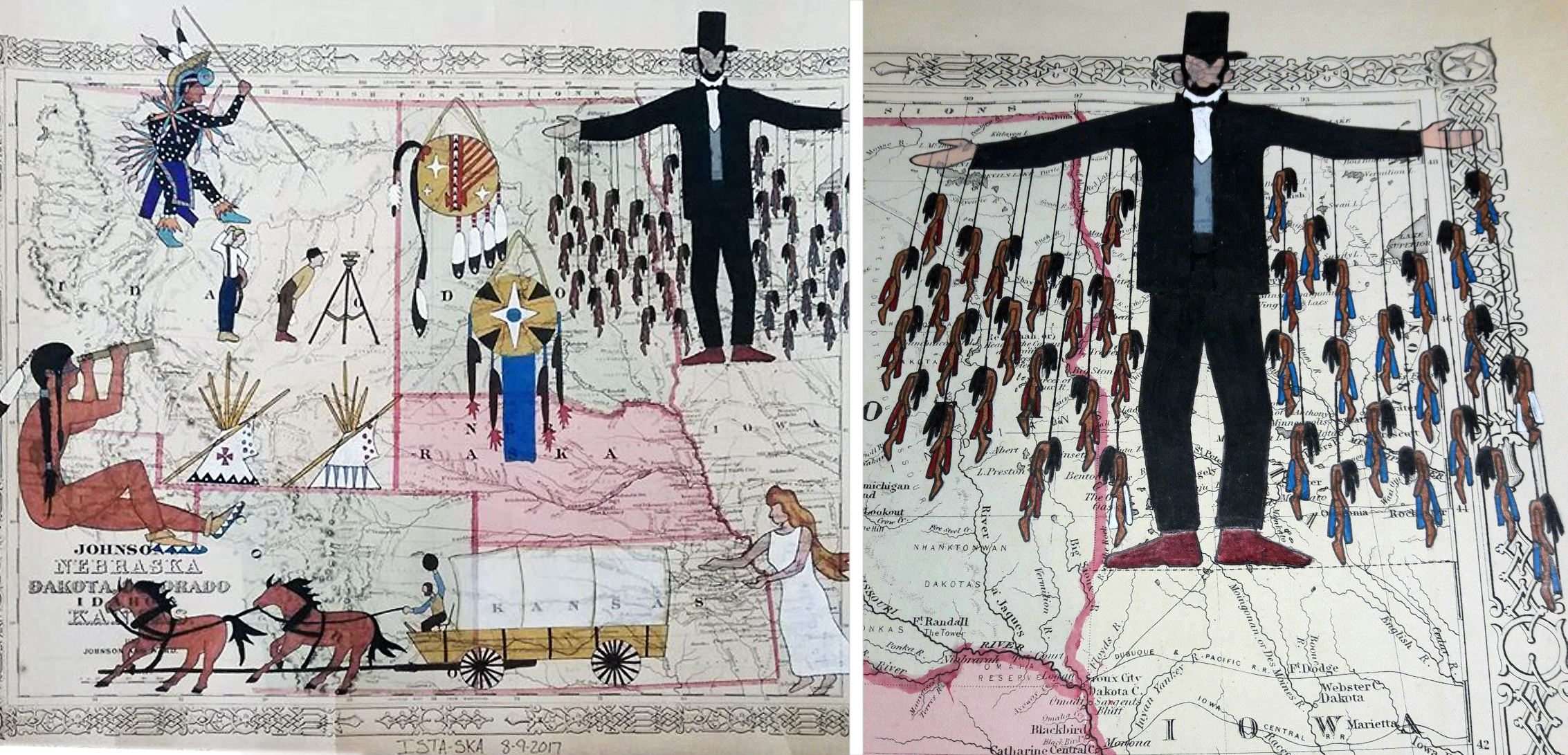 Travis Blackbird, Ledger art on map, (and detail at right), 2017, ink on antique ledger, © Travis Blackbird used by permission
