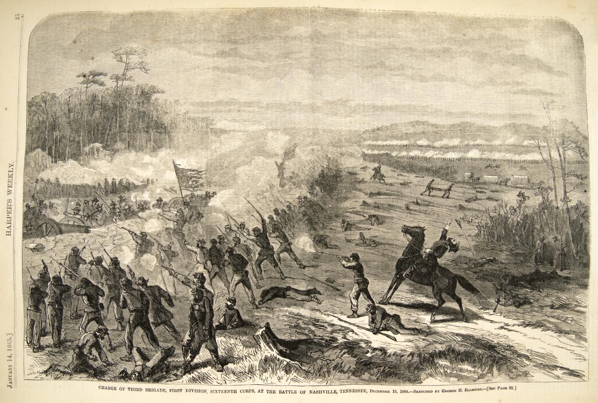George H. Ellsbury, Charge of the Third Brigade, First Division, Sixteenth Corps, at the Battle of Nashville, Tennessee, December 15, 1864, from Harper's Weekly: A Journal of Civilization, January 14, 1865, p. 25 (Newberry Library)