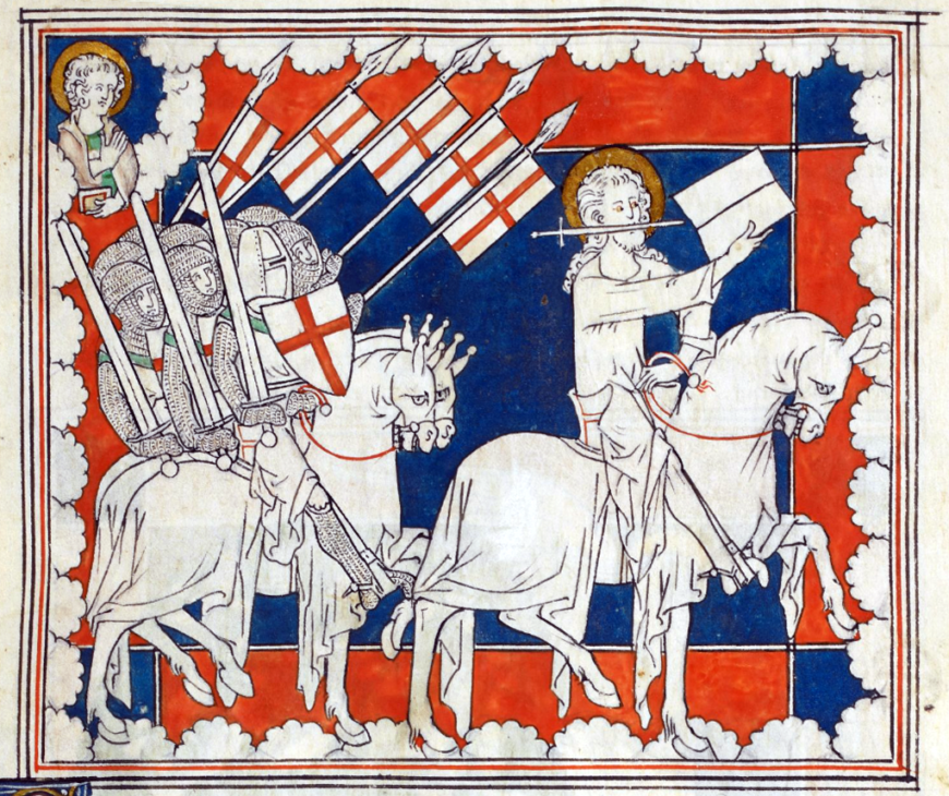 Christ leading crusaders into battle, detail from an Apocalypse, with commentary (The "Queen Mary Apocalypse"), early 14th century, f. 37 (British Library)