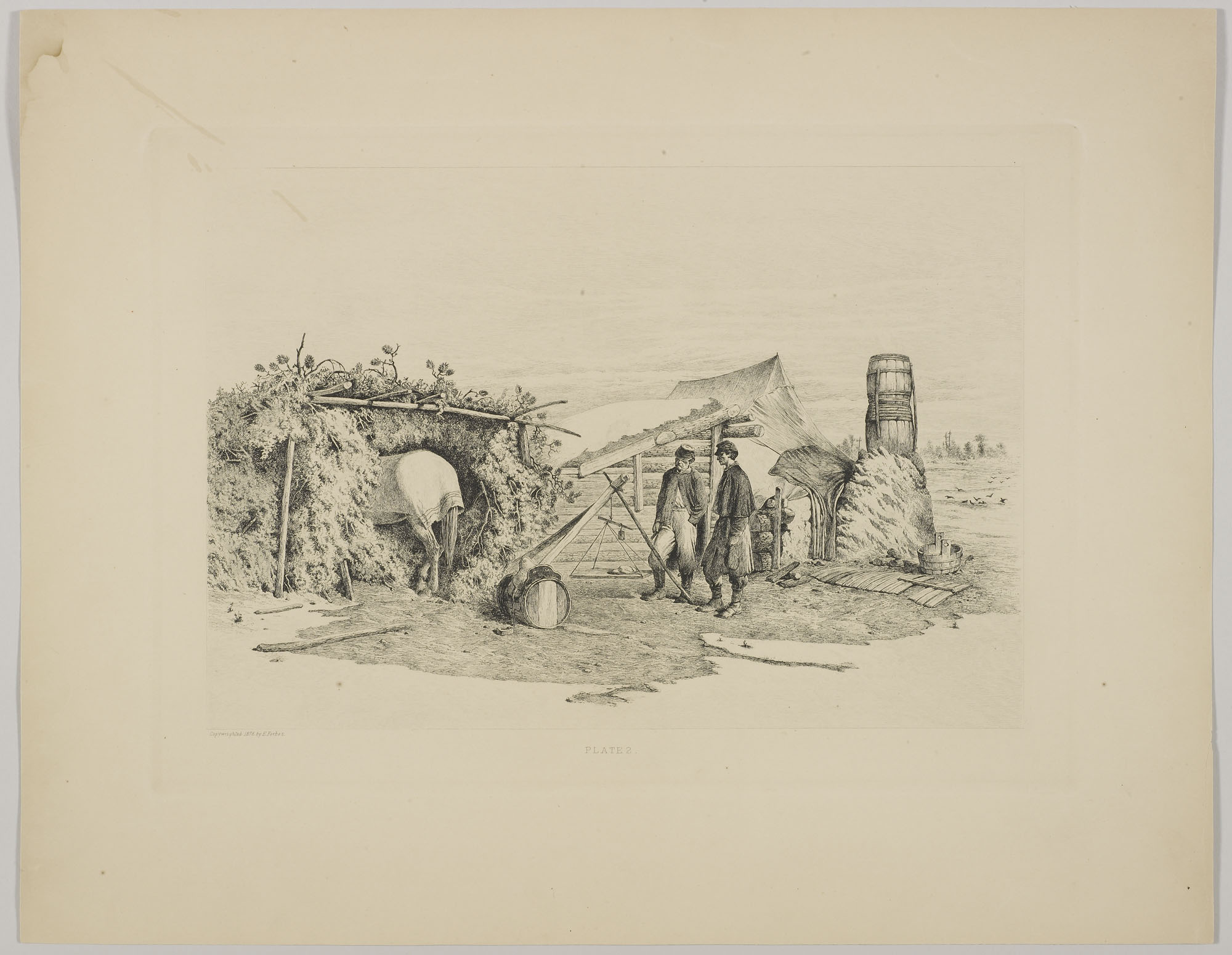 Edwin Forbes, The Commissary's Quarters in Winter Camp, 1876, etching, 18 x 24 inches (Chicago Public Library)