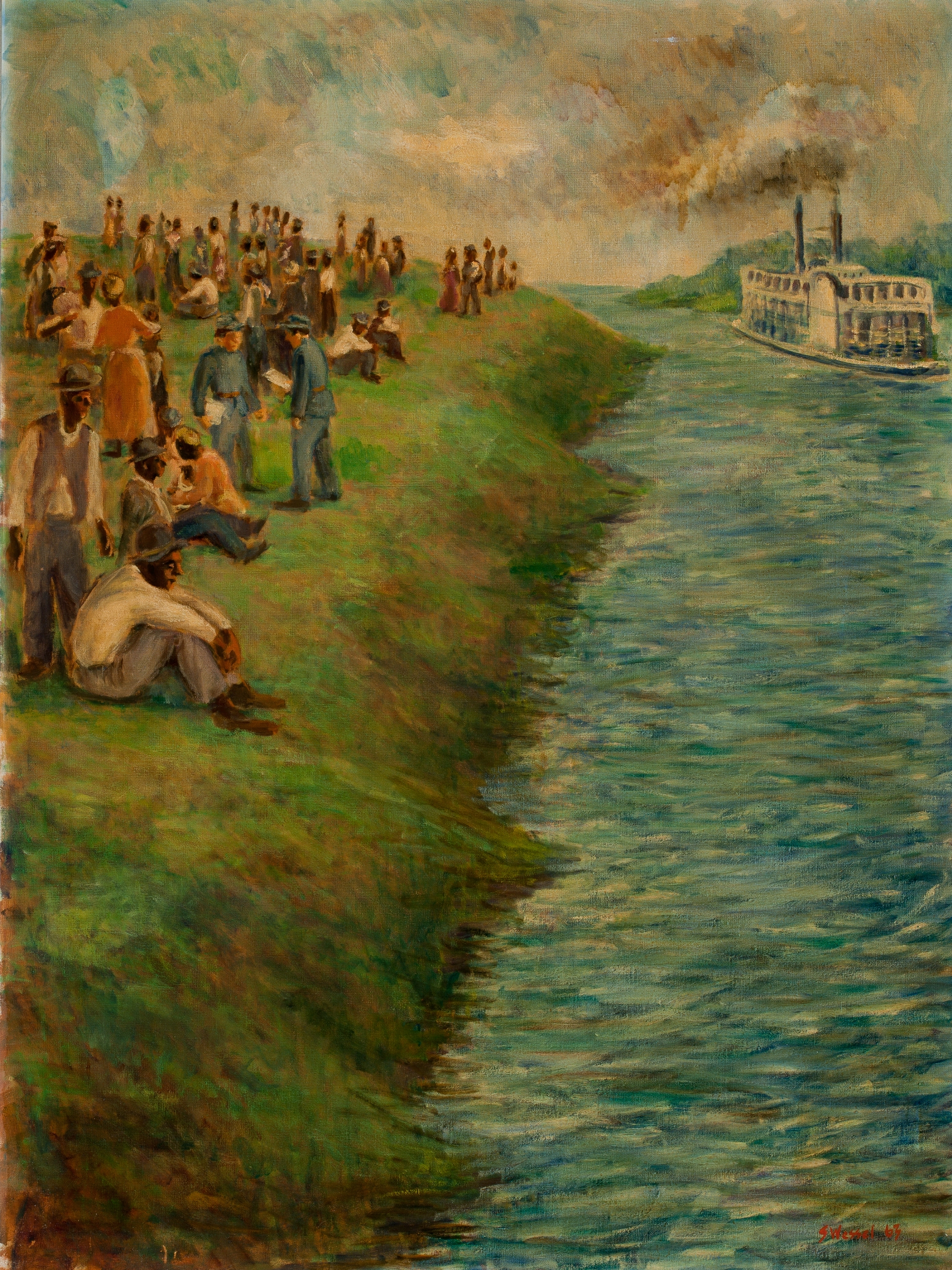 Sophie Wessel, <em>Contraband on Cairo Levee</em>, 1963, oil on canvas, 39.62 x 29.5 inches (DuSable Museum of African American History)