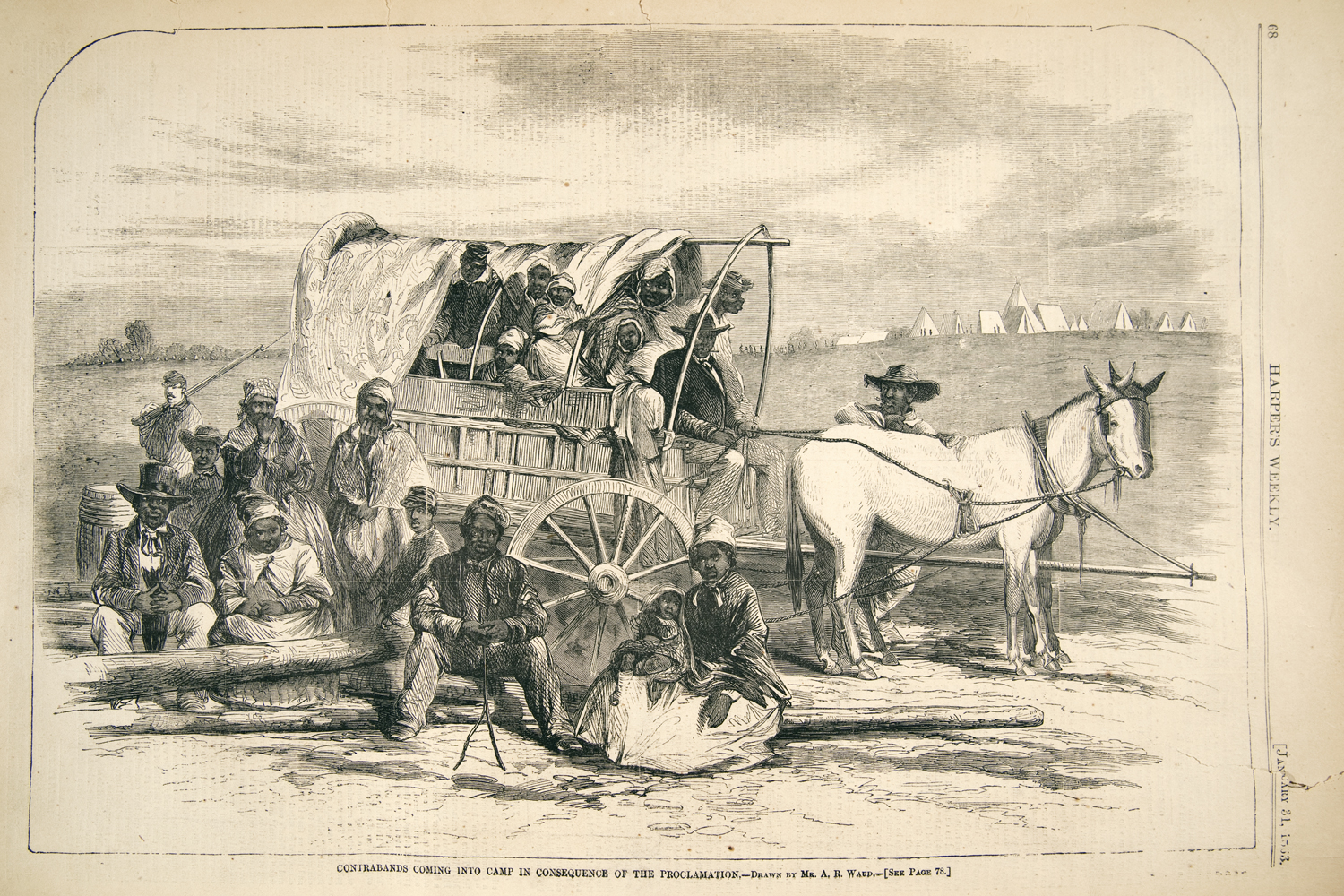 Alfred R. Waud, Contrabands Coming into Camp in Consequence of the Proclamation January 31, 1863, engraving from Harper's Weekly: A Journal of Civilization, vol. 9, no. 318, p. 68 (Newberry Library)