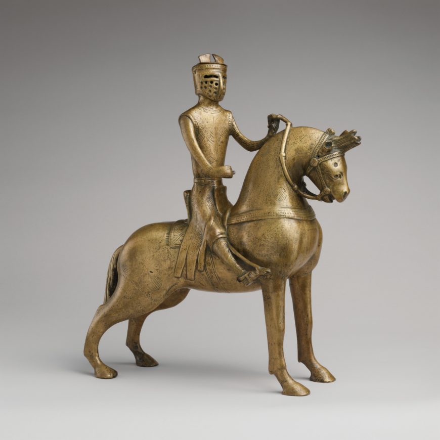 Aquamanile in the Form of a Mounted Knight, c. 1250, copper alloy, 37.3 x 32.7 x 14.3 cm, Germany (Metropolitan Museum of Art)