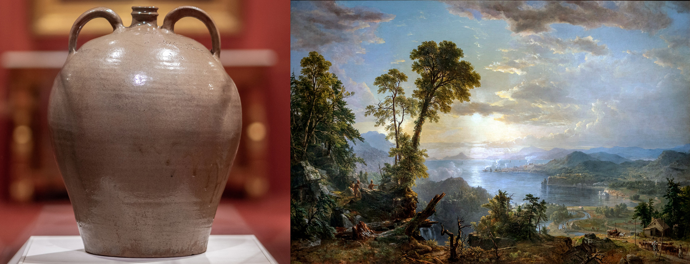 left: David Drake, Doubled-handled Jug (Lewis J. Miles Factory, Horse Creek Valley, Edgefield District, South Carolina), 1840, stoneware with alkaline glaze, 44.13 x 35.24 cm (Virginia Museum of Fine Arts; photo: Steven Zucker, CC BY-NC-SA 2.0) right: Asher B. Durand, Progress (The Advance of Civilization), 1853, oil on canvas, 148.43 x 208.92 (Virginia Museum of Fine Arts, photo: Steven Zucker, CC BY-NC-SA 2.0)