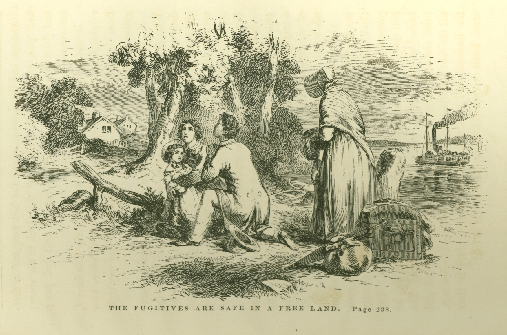 Hammatt Billings, The Fugitives are Safe in a Free Land, 1852, engraving, from Harriet Beecher Stowe. Uncle Tom's Cabin; or, Life Among the Lowly, Boston: John P. Jewett & Company, 1852, p. 238 (Newberry Library)