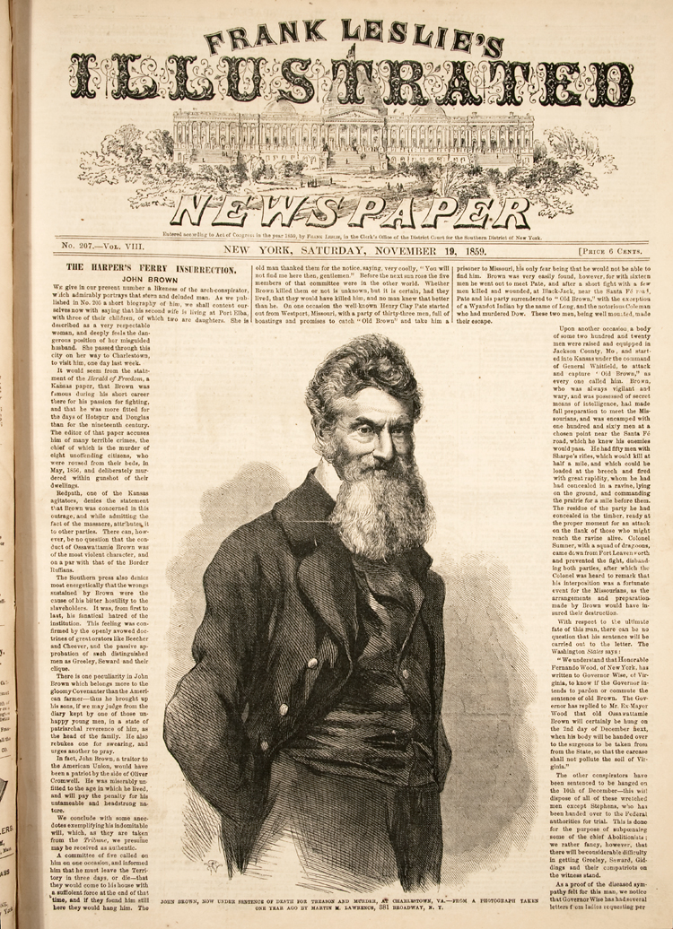 After Martin L. Lawrence, ​​The Harper's Ferry Insurrection [John Brown, Now Under Sentence of Death for Treason and Murder, at Charleston, VA.].engraving from Frank Leslie's Illustrated Newspaper. no. 207, vol. 8 (November 18, 1859), p. 383 (Newberry Library)