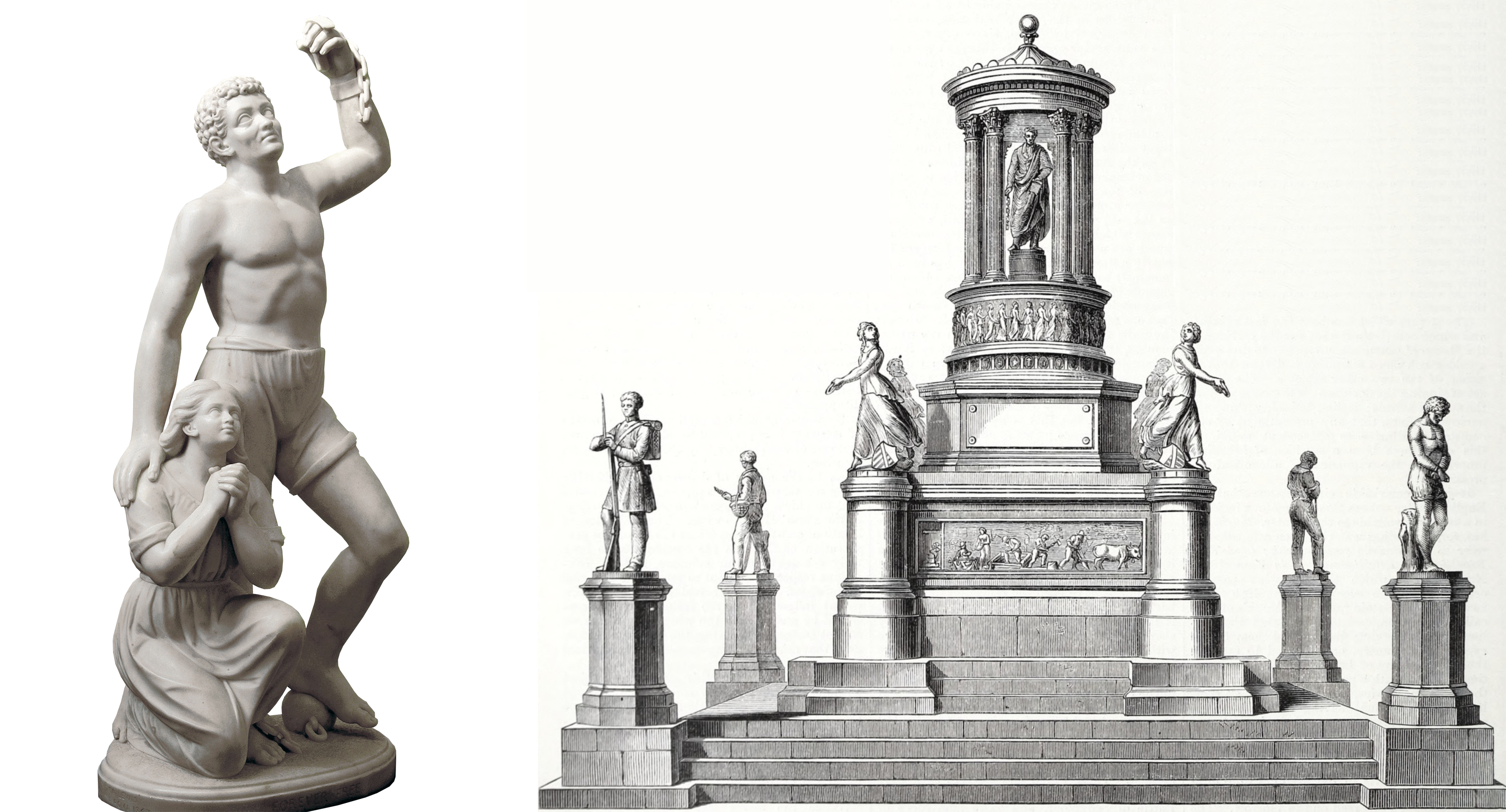 Left: Edmonia Lewis, Forever Free, 1867, marble, 106 cm high (Howard University Gallery of Art; photo: Art History Project); Right: Harriet Hosmer, early design for Freedmen’s Memorial to Lincoln, published in The Art-Journal, (January 1, 1868), London: Virtue & Co., p. 8.