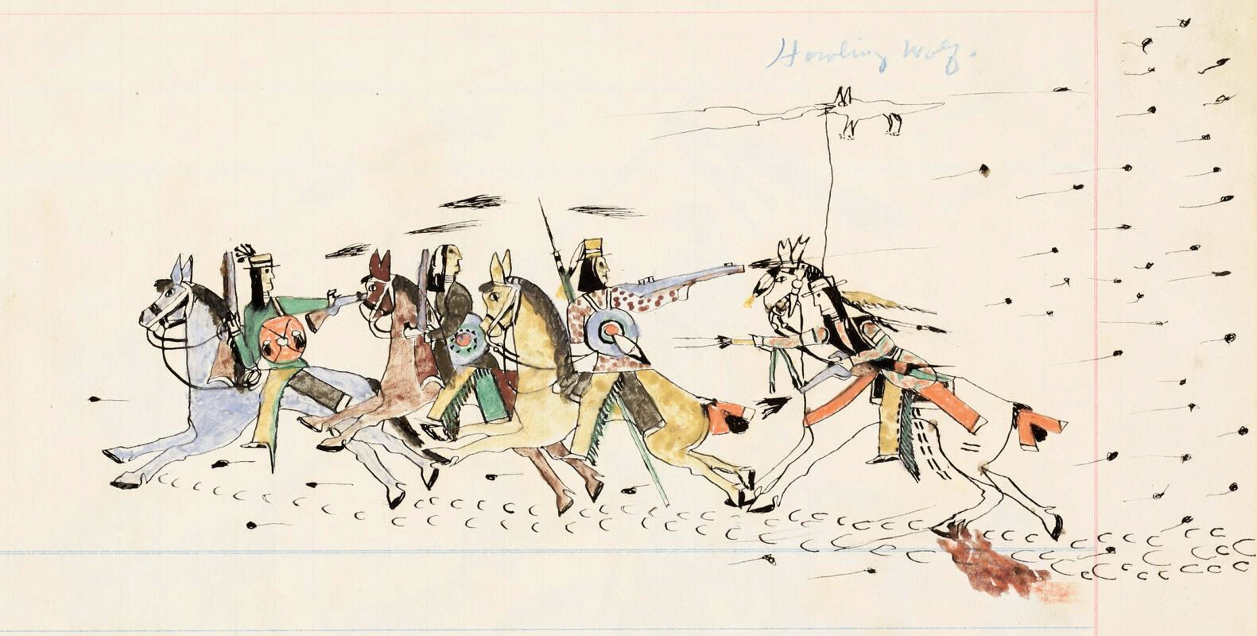 Ho-na-nist-to (Howling Wolf), Southern Tsétsêhéstâhese/Só'taeo'o (Cheyenne), <em>At Sand Creek Massacre (1864)</em> (detail), c. 1874–75, pen, ink, and watercolor on ledger paper, 20 x 31.5 cm (<a href="https://allenartcollection.oberlin.edu/objects/11427/22-pawnees-21-blank-page-3-blank-page-4-at-the?ctx=9a2dbf77ef6701f4a4f0392999305ce97342be9c&amp;idx=4" target="_blank" rel="noopener">Allen Memorial Art Museum</a>, Oberlin College)