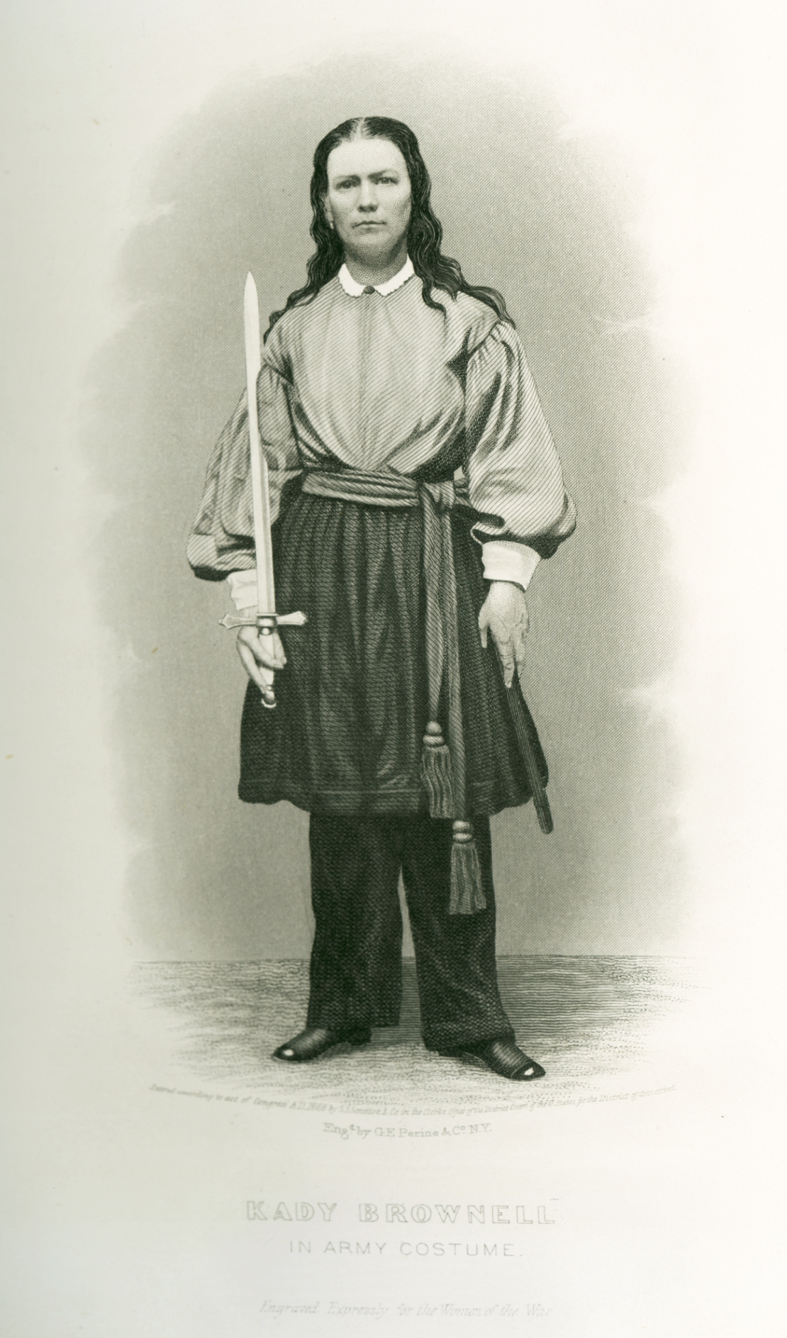 Kady Brownell in Army Costume, 1866, engraving from Frank Moore, Women of the War; Their Heroism and Self Sacrifice, Hartford, Connecticut: S.S.Scranton, p. 55. (Newberry Library)