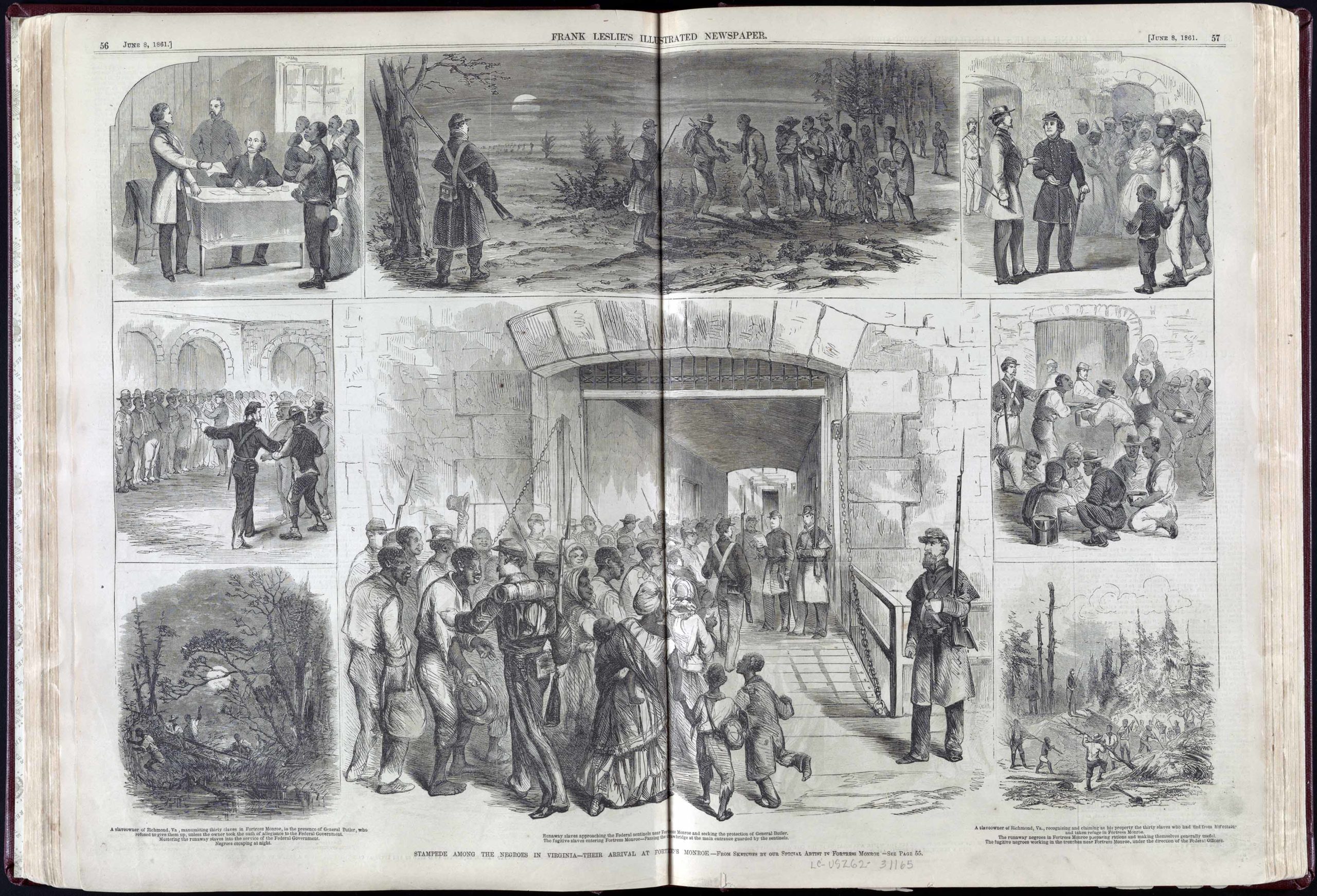 "Stampede among the Negroes in Virginia—their arrival at Fortress Monroe / from sketches by our Special Artist in Fortress Monroe," <em>Frank Leslie’s Illustrated Newspaper</em>, June 8, 1861, pp. 56–57, wood engraving, 40.4 x 54.3 cm (<a href="https://www.loc.gov/pictures/item/99614015/" target="_blank" rel="noopener">Library of Congress</a>)