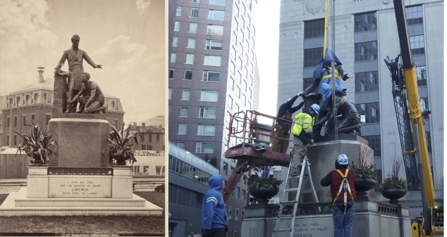 Left: Thomas Ball, <em>Emancipation Group </em>(recasting of <em>Freedmen's Memorial</em>), Park Square, Boston, Massachusetts, c. 1877–95, albumen print (Boston Public Library); right: removal of the statue from Park Square, Boston in December 2020 (courtesy Boston City TV). The image of the Freed Slave was based on Archer Alexander, who was emancipated in September 1863 in recognition of his service to the United States and the disloyalty of his enslaver under the terms of the Confiscation Acts.