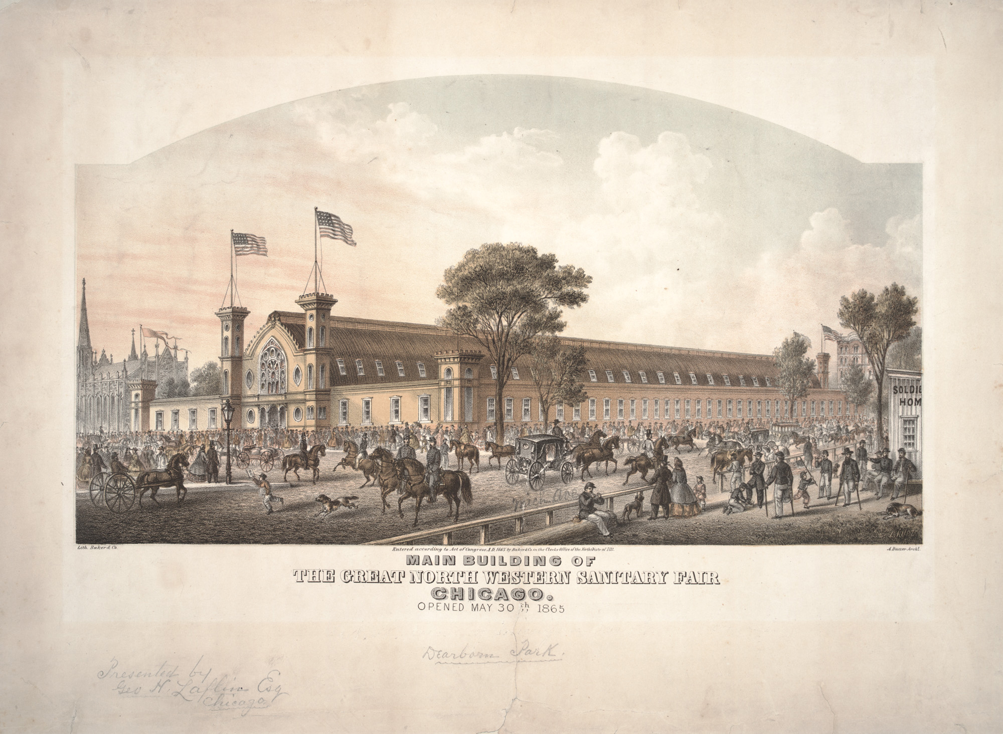 Louis Kurz, Main Building of the Great North Western Sanitary Fair, Chicago, 1865, lithograph, Baker & Co, 16 x 21 5/8 inches (Chicago History Museum)